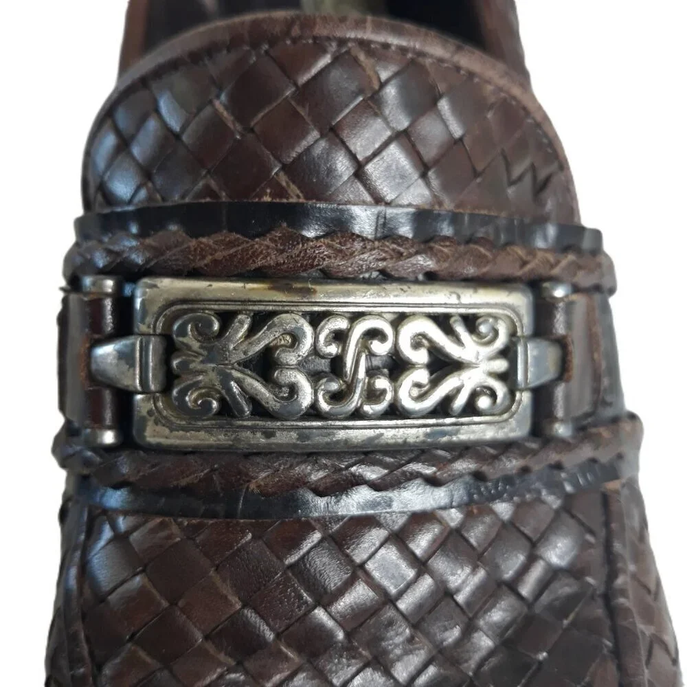 90s Brighton Brown Woven Leather Block Heel Loafers 6.5M